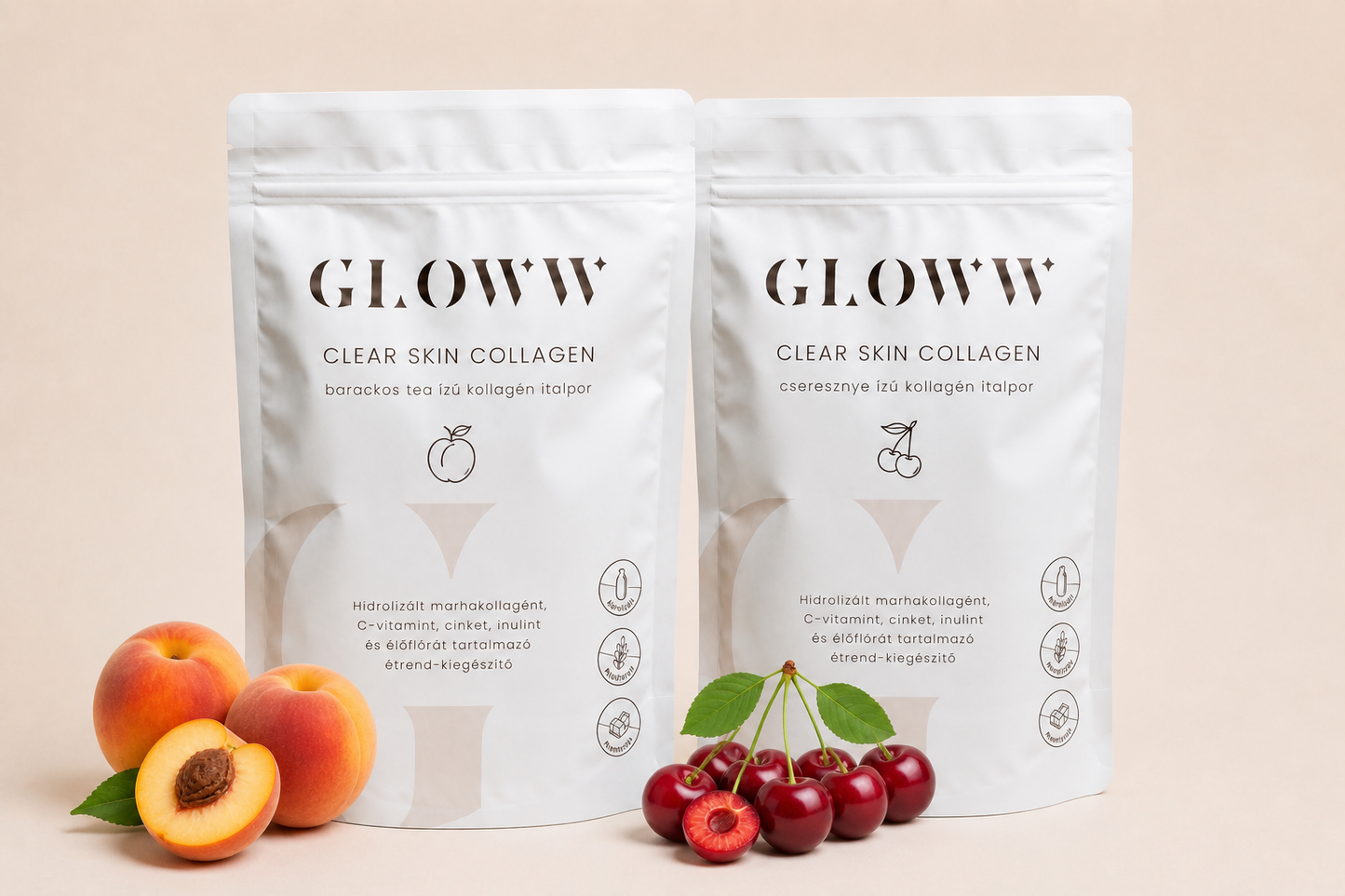 GLOWW Collagen italpor élőflórával – 2 havi csomag cseresznye + barackos tea (2×260g)