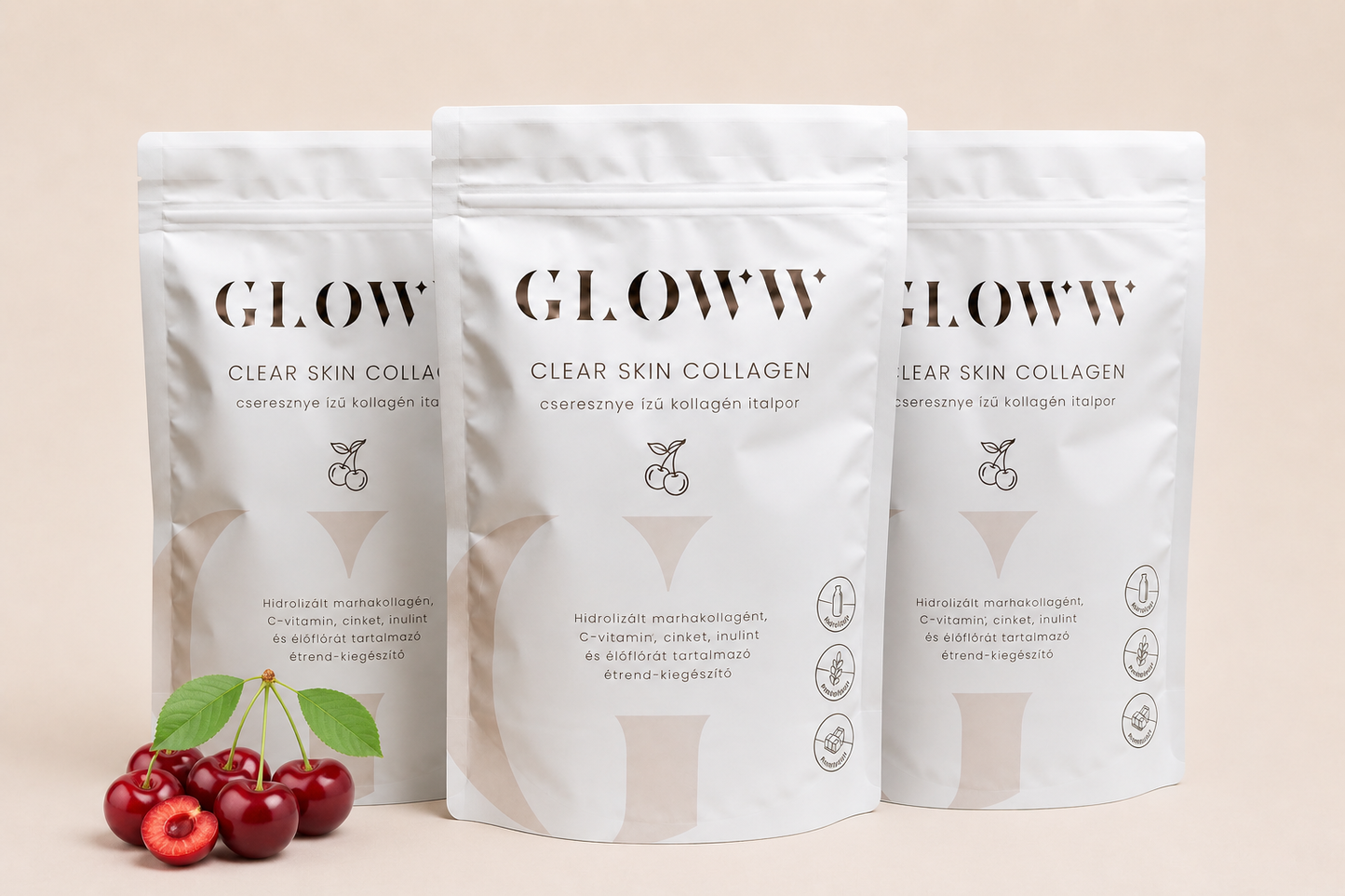 GLOWW Collagen italpor élőflórával – 3 havi csomag cseresznye (3×260g)