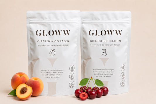 GLOWW Collagen italpor élőflórával – 2 havi csomag cseresznye + barackos tea (2×260g)